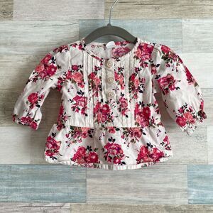 Old Navy Floral Pintuck Henley Blouse Top White Pink Baby Girl 3-6 Months 3-6M